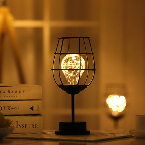 Iron Hollow Out Wine Glass Bottle Night Light LED Night Lamp for Cafe Hotel Balcony Home Decoration