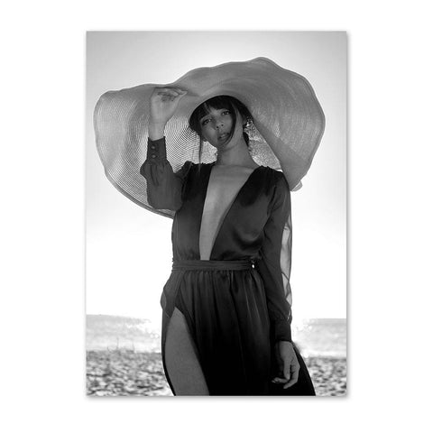 Toile photo femme avec chapeau noir et blanc